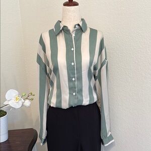 Green and White Long Sleeve Button Down Shirt